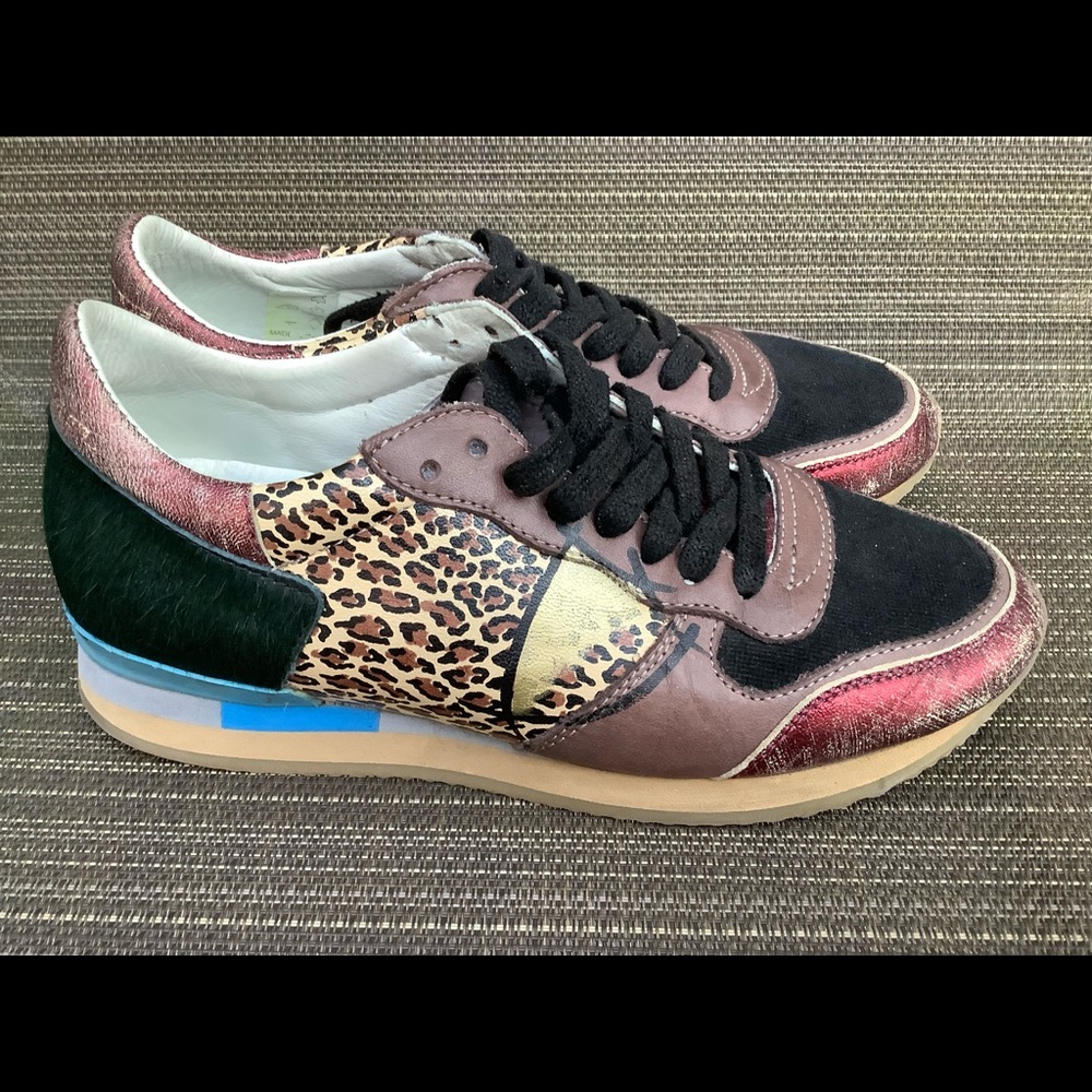 PHILIPPE MODEL Distressed Leather Leopard Print Pony Sneakers